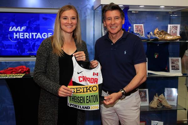 IAAF President Sebastian Coe and 2016 world indoor champion Brianne Theisen-Eaton at the IAAF Heritage World Athletics Championships Exhibition in Doha (Getty Images)