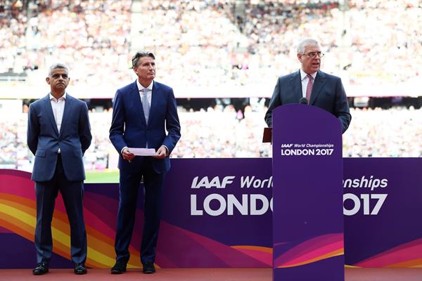 Right to left: HRH Prince Andrew, Duke of York, IAAF President Sebastian Coe and Mayor of London Sadiq Khan at Opening Night of the IAAF World Championships London 2017 (Getty Images)