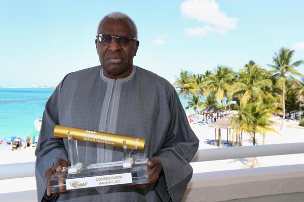 IAAF President Lamine Diack with Golden Baton trophy which will be awarded to the best overall team at the inaugural IAAF World Relays in Nassau (Getty Images)