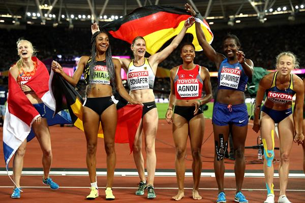 Carolin Schafer of Germany celebrates with other heptathletes at the IAAF World Championships London 2017 (Getty)