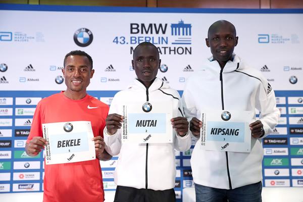 Kenenisa Bekele, Emmanuel Mutai and Wilson Kipsang at the pre-race press conference in Berlin (Victah Sailer/organisers)