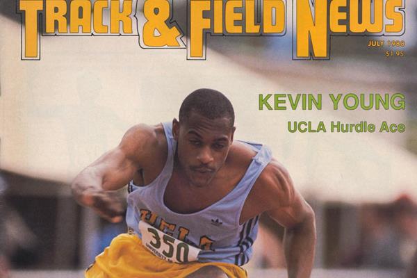 Kevin Young on the cover of the July 1988 issue of Track & Field News (TFN)