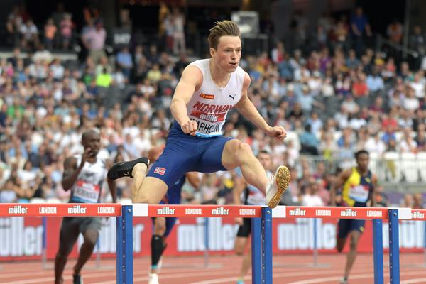 Karsten Warholm en route to his 47.12 European record in London (Kirby Lee)