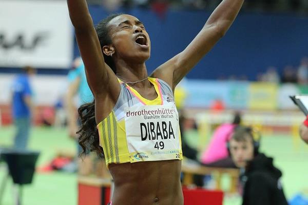 Genzebe Dibaba smashes the women's world indoor 1500m record at the 2014 Karlsruhe indoor meeting (Gladys Chai von der Laage)