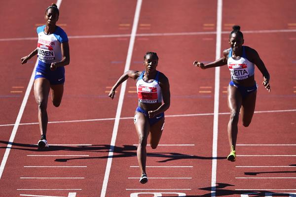 Lorraine Ugen, Dina Asher-Smith and Daryll Neita in the 100m at the British Championships in Birmingham (Getty Images)