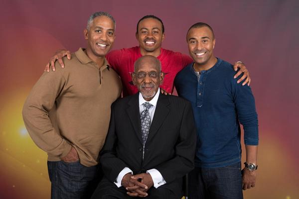 Hurdling legends, from left: Renaldo Nehemiah, Aries Merritt, Colin Jackson and Harrison Dillard at front (Philippe Fitte)