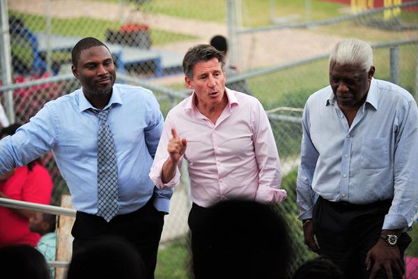 World Athletics President Sebastian Coe (centre) with NACAC President Mike Sands (right) and Bahamas Athletics President Drumeco Archer at the Thomas A Robinson Stadium in Nassau (Kermit Taylor)