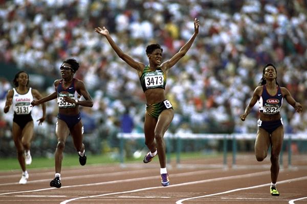 Deon Hemmings wins the 400m hurdles at the 1996 Olympic Games in Atlanta (Getty Images)