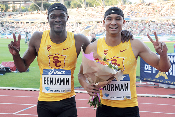 Michael Norman (right) and Rai Benjamin (left) after the 200m at the IAAF Diamond League meeting in Paris (Kirby Lee)