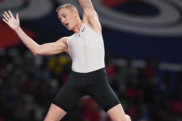 Pole vault winner Sam Kendricks at the IAAF Diamond League meeting in Doha (Jiro Mochizuki)