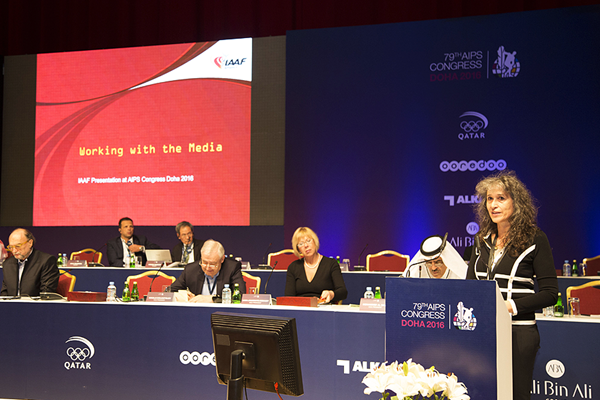 IAAF deputy director of communications Anna Legnani at the 2016 AIPS Congress in Doha (AIPS)