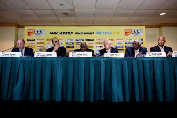 IAAF President Lamine Diack (centre) at the pre-event press conference ahead of the IAAF/BTC World Relays, Bahamas 2015 (Getty Images)