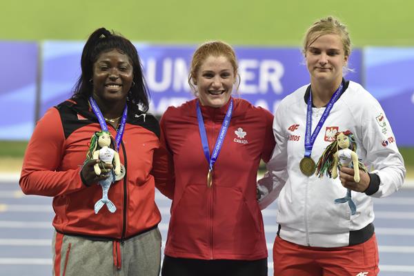 2019 Universiade shot put podium: silver medallist Portious Warren of Trinidad and Tobago, winner Sarah Mitton of Canada and bronze medallist Klaudia Kardasz of Poland (Getty Images)