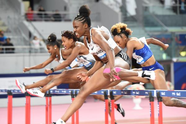 Danielle Williams on her way to winning the 100m hurdles at the IAAF Diamond League meeting in Doha (Jiro Mochizuki)