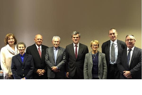 (l-r) Margit Jungmann, Sandy Pashkin, Stanley Perkins, Cesar Moreno Bravo (Chairman), Nick Davies (IAAF Deputy General Secretary), Anna Riccardi (IAAF Council Member), Serge Beckers, Jean Gracia (IAAF)