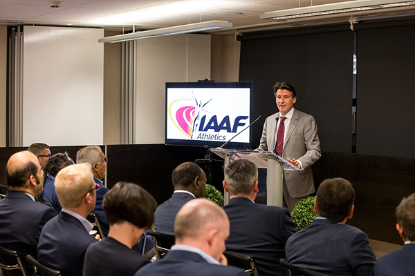 IAAF President Sebastian Coe speaks to IAAF staff in Monaco (Philippe Fitte / IAAF)