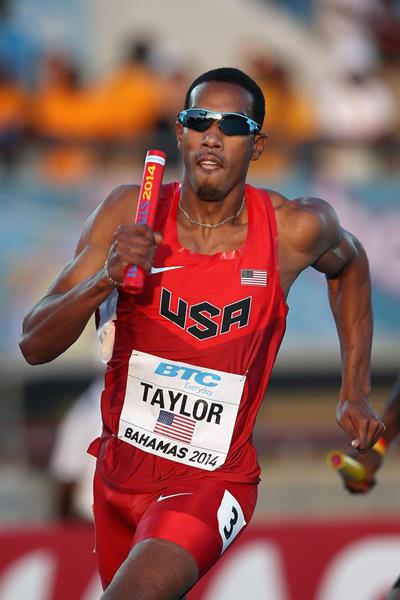 Triple jump specialist Christian Taylor on the US 4x400m team at the 2014 IAAF World Relays in Nassau (Getty Images)