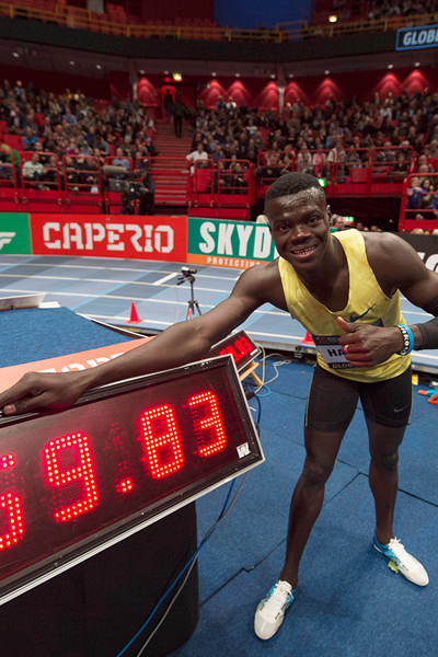 Abdalelah Haroun after winning the 500m at the Globen Galan in Stockholm (Hasse Sjogren)