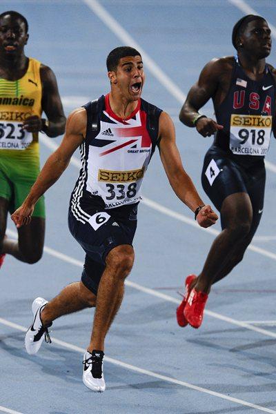 Adam Gemili of Great Britain wins his Men's 100 metres Final whereas Aaron Ernest (USA) is second, and Odean Skeen (JAM) has the third place on the day two of the 14th IAAF World Junior Championships in Barcelona (Getty Images)