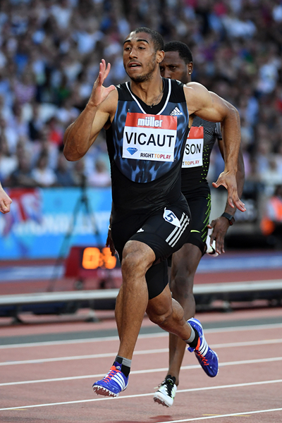 Jimmy Vicaut on his way to winning the 100m at the IAAF Diamond League meeting in London (Kirby Lee)