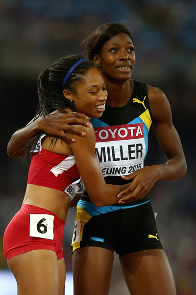 Shaunae Miller and Allyson Felix after the 400m final in Beijing ()