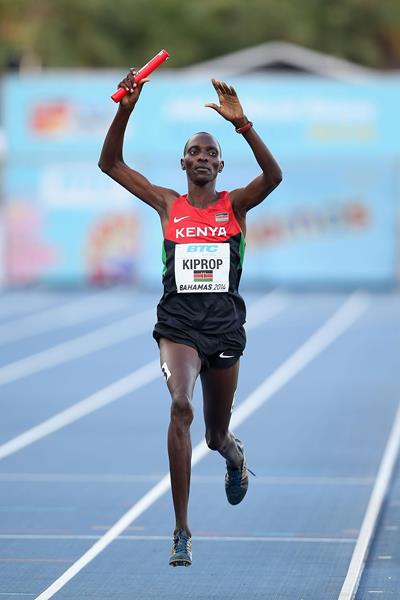 Asbel Kiprop of Kenya celebrates after winning and setting a world record of 14:22.22 in the men's 4x1500m relay (Getty Images)