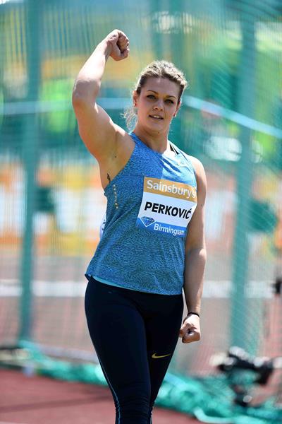 Sandra Perkovic at the 2015 IAAF Diamond League in Birmingham (Jean-Pierre Durand)