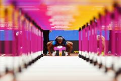 Keni Harrison in the blocks before the 100m hurdles semi final (Getty Images)