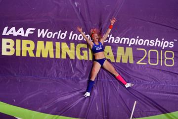 Sandi Morris celebrates gold at the IAAF World Indoor Championships Birmingham 2018 (Getty Images)