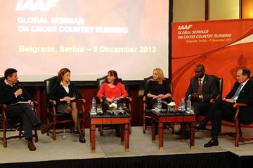 The IAAF Global Seminar on Cross Country Running , Belgrade 2013, Sebastian Coe and five former IAAF World Cross Country Championships winners (Sean Wallace-Jones / IAAF)