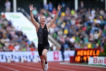 Sam Kendricks after winning the pole vault at the FBK Games in Hengelo (Eric Roeske)
