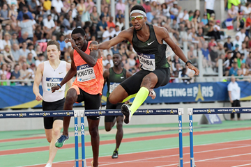Abderrahman Samba en route to his historic 46.98 run in the 400m hurdles at the IAAF Diamond League meeting in Paris (Kirby Lee)