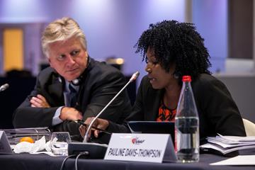 IAAF council members Pauline Davis-Thompson and Geoff Gardner at the 2014 IAAF Council Meeting in Monaco (Philippe Fitte / IAAF)