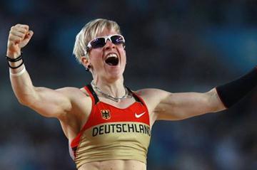 Martina Strutz of Germany enjoying her second place of the women's Pole Vault final (Getty Images)