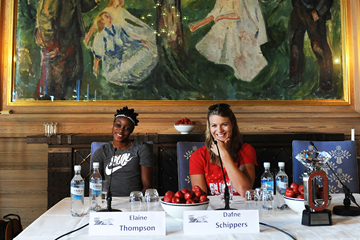 Elaine Thompson and Dafne Schippers at the press conference for the IAAF Diamond League meeting in Oslo (Mark Shearman)