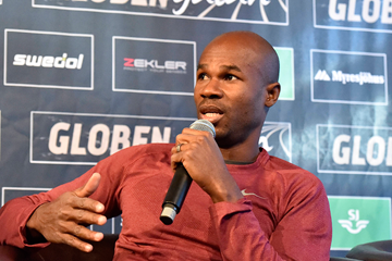 Kim Collins at the press conference ahead of the Globen Galan in Stockholm (Hasse Sjogren)