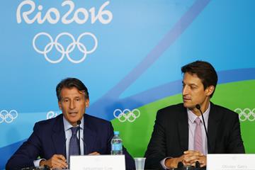 IAAF President Sebastian Coe and IAAF Chief Executive Officer Olivier Gers at the closing press conference at the Rio 2016 Olympic Games (Getty Images)