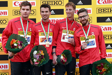 Canada's Mathieu Bilodeau, Ben Thorne, Evan Dunfee and Inaki Gomez with their 20km team silver medals at the IAAF World Race Walking Team Championships Rome 2016 (Getty Images)