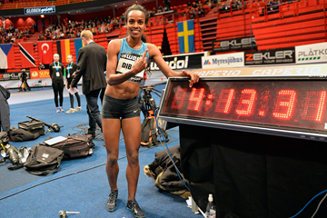 Genzebe Dibaba after breaking the world indoor mile record at the Globen Galan in Stockholm (Hasse Sjogren)