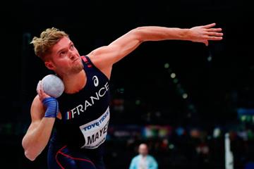Kevin Mayer in the heptathlon shot put at the IAAF World Indoor Championships Birmingham 2018 (AFP / Getty Images)