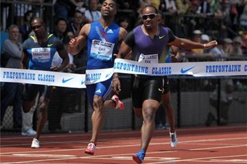 Walter Dix takes the win ahead of Tyson Gay in the Prefontaine Classic in Eugene - Samsung Diamond League (Kirby Lee)