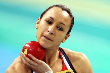 Great Britain's Jessica Ennis gets ready to compete in the Pentathlon Shot Put at the 2010 World Indoor Championships (Getty Images)