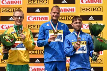 50km medallists Jared Tallent, Alex Schwazer and Igor Glavan at the IAAF World Race Walking Team Championships Rome 2016 (Getty Images)