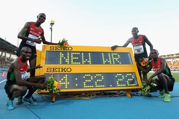 (L-R) Silas Kiplagat, Asbel Kiprop, James Kiplagat Magut and Collins Cheboi of Kenya after setting a world record of 14:22.22 in the men's 4x1500m at the IAAF World Relays (Getty Images)