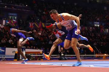 Andrew Pozzi wins the 60m hurdles at the IAAF World Indoor Championships Birmingham 2018 (Getty Images)