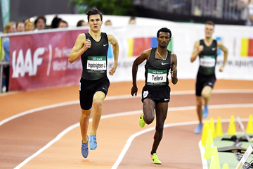 Jakob Ingebrigtsen on his way to winning the 1500m at the IAAF World Indoor Tour meeting in Dusseldorf (Gladys Chai von der Laage)