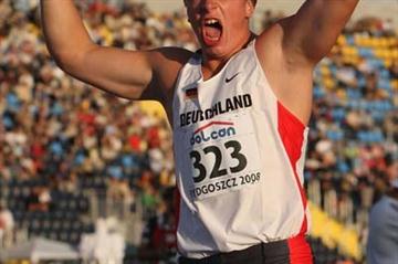 David Storl of Germany celebrates winning the Men's Shot Put at the 2008 World Junior Champs (Getty Images)