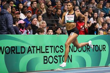 Gabby Thomas on her way to winning the 300m at the World Athletics Indoor Tour meeting in Boston (Victah Sailer)