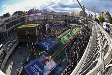 The exhibition city centre pole vault competition at Lausanne’s Place de l’Europe  (AFP / Getty Images)