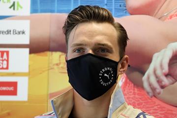 Karsten Warholm at the pre-meet press conference in Ostrava (Bob Ramsak)